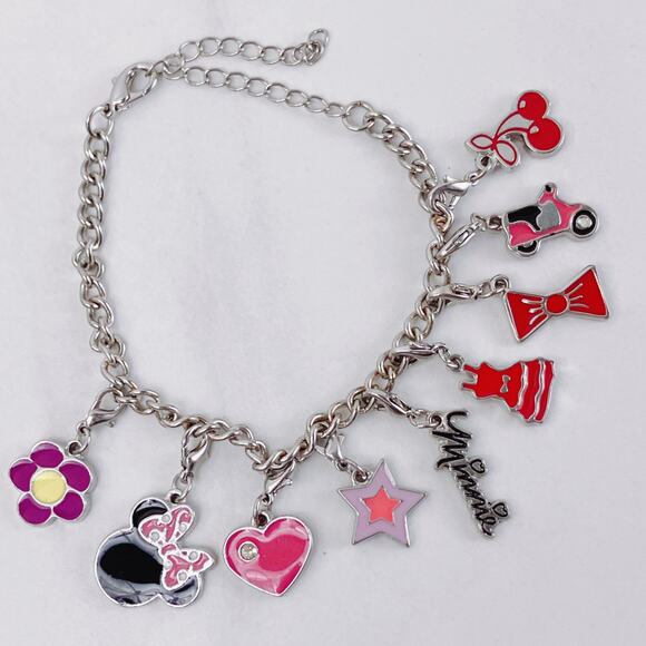 Minnie Mouse Disney Themed Charm Bracelet Silver Tone Pink Enamel VTG Y2K - Picture 12 of 14